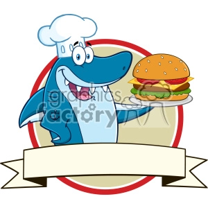 In the clipart image, there is a cartoon character of a cheerful shark wearing a chef's hat. The shark is holding a plate with a large, delicious-looking hamburger on it. The background includes a circular design with alternating red and beige colors, and there's an unfurled banner below the shark that could be used for text or a message.