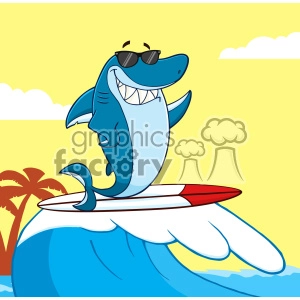 The clipart image features a cartoon illustration of a blue shark with a fun and charming personality, wearing sunglasses and surfing on a wave. The shark seems to have a big smile showing sharp teeth, which adds to its cheeky character. In the background, there's a beach with palm trees and a clear, yellow sky, which gives a tropical beach vibe.