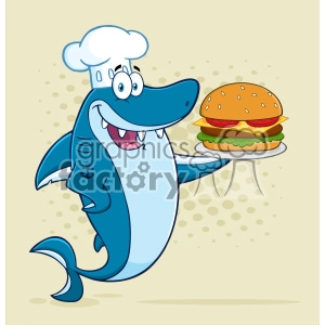 The image is a cartoon-style illustration of a friendly-looking shark character, dressed as a chef with a white chef's hat. The shark is smiling and holding a plate with a large burger. The background is a simple beige color with a pattern of subtle dots.