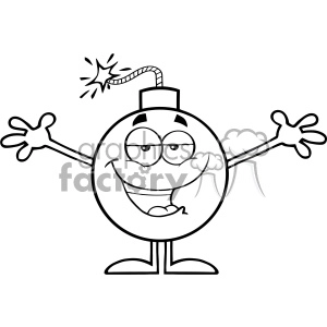 10801 Royalty Free RF Clipart Black And White Bomb Cartoon Mascot Character With Open Arms For Hugging Vector Illustration