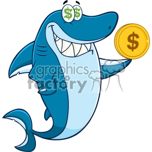 The image depicts a cartoon shark character holding a gold coin with a dollar sign on it. The shark has a big, friendly smile with shiny white teeth and eyes styled with dollar sign symbols, suggesting a theme related to money or finance.
