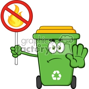 Angry Green Recycle Bin Cartoon Mascot Character Gesturing Stop And Holding A Fire Restricted Sign Vector