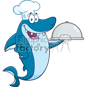 This clipart image depicts a whimsical blue shark character dressed as a chef, holding a shiny silver cloche or serving dome likely indicating a prepared meal underneath. The shark has a friendly smile, wide eyes, and is wearing a classic white chef's hat adorned with an anchor symbol.