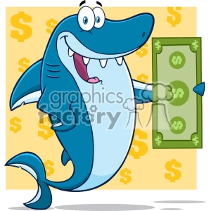 This clipart image features a whimsical cartoon depiction of a blue shark with a happy and friendly expression. The shark is holding a green paycheck adorned with dollar sign symbols. The background is yellow with dollar signs scattered throughout, emphasizing the theme of money.