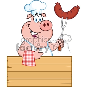 The image features a cartoon pig chef standing behind a wooden sign. The pig is wearing a chef's hat and a white apron with a red and white checked pocket. It is smiling and holding up a sausage on a fork. The sign in front of the pig chef is blank, which could be used to add a custom message or advertisement.