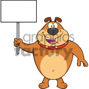 The clipart image features a cartoon of a happy, brown dog standing on two legs. The dog is wearing a red collar with yellow spots and holding up a blank white sign on a stick with its right paw, which can be used for customization with text or graphics.