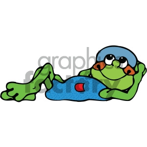 The image is a colorful clipart of a cartoon frog lying on its back. The frog has large, exaggerated eyes with a playful expression, and it is resting on what appears to be a blue, textured pillow or surface with a red accent that looks like a heart shape.