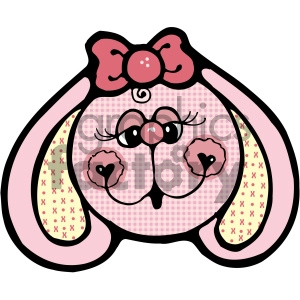 The clipart image contains a stylized depiction of a cartoon bunny rabbit. The rabbit has large, floppy ears, a cute face with big eyes and eyelashes, a tiny nose, and a mouth shaped like a heart. The ears are predominantly pink with an inner pattern featuring crosses, and the rabbit is adorned with a big red bow on its head.