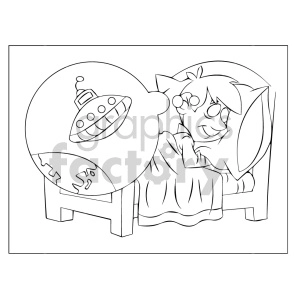 The image is a black and white clipart or coloring page depicting a child (possibly a boy) sleeping in a bed and dreaming about a UFO. The child appears to be smiling in the dream, which suggests a pleasant and imaginative scenario. The UFO is depicted inside a thought bubble, indicating it's part of the child's dream.