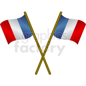 The image is of two identical flags of France crossed over each other. Each flag is composed of three vertical bands of blue, white, and red, from the pole side to the outer side, respectively.