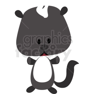 This is a simple and stylized clipart image of a skunk. The skunk is characterized by its notable black and white coloration with a prominent white stripe on its head and back. It appears to be standing upright with a friendly demeanor, featuring a small tail raised in a typical skunk curve, a smiling face, and a round body.