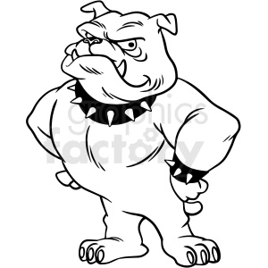 The image is a black and white clipart of a stylized bulldog. The bulldog is standing on its hind legs, exhibiting a tough and muscular appearance, with a pronounced spiked collar around its neck. Its facial expression is one of determination or aggression with a frown and a slight snarl.