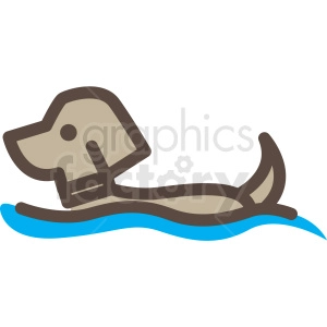 The clipart image shows a simplified depiction of a brown dog swimming in blue water. The dog is represented in a cartoonish style, commonly used in illustrations for children's books, educational materials, or as part of web and print designs to convey a friendly and approachable theme.