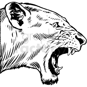The image is a black and white clipart illustration of a lion's head in profile. The lion appears to be roaring or growling, with its mouth open wide to expose its teeth. This graphic illustration showcases the ferocity and power typically associated with the king of the big cats.