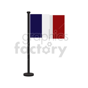 The image depicts a clipart of the national flag of France, mounted on a vertical flagpole. The French flag consists of three vertical bands of equal width, colored blue, white, and red.
