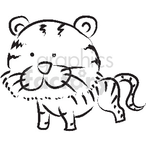 This is a black and white clipart image featuring a stylized cartoon representation of a tiger. The tiger is depicted in a simplified, cute style with striped fur, round ears, a large snout, and a long tail.