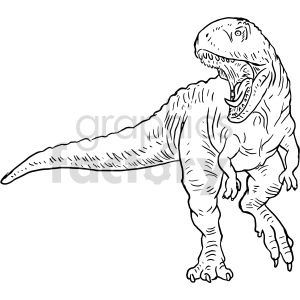 The image shows a line drawing of a Tyrannosaurus rex, commonly known as T-Rex. It's a detailed illustration portraying the dinosaur with its characteristic large head, powerful legs, and short arms.