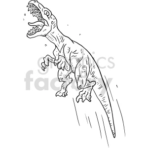 The image is a black and white clipart illustration of a dinosaur that appears to be a Tyrannosaurus rex (T. rex). The dinosaur is depicted in mid-roar with its mouth wide open, showcasing sharp teeth. Notable features include its large head, short forelimbs with two fingers, powerful hind legs, and a long tail which seems to aid in balance.