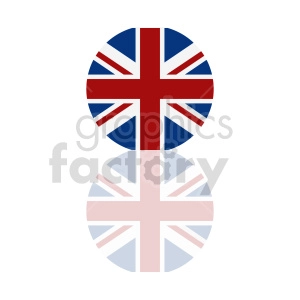 The clipart image features the flag of Great Britain, prominently displayed in a circular shape. The flag design has a red cross with white edging superimposed on top of a diagonal red and white cross on a blue background, which is the design of the Union Jack. There is also a reflection or shadow effect beneath the circular flag, giving the impression of the flag resting on a surface.