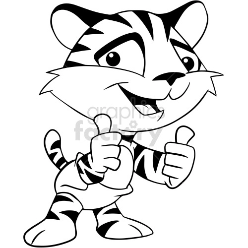 This is a clipart image of a cartoon baby tiger. The tiger is standing upright and giving a double thumbs-up gesture. It has a wide smile, striped fur, and appears to be in a happy and enthusiastic pose.