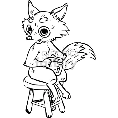 This clipart image features an anthropomorphic fox character sitting on a stool. The fox is depicted in a cartoon style, with large expressive eyes, and it's holding what appears to be a small jug or cup. The illustration is black and white, making it suitable for coloring activities.