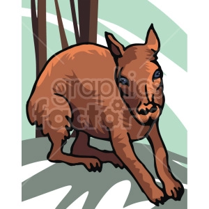 The clipart image depicts a young deer, also known as a calf, resting on its four legs. It has brown fur large ears. The deer is facing forward and is in a natural setting with trees in the background.

