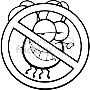 The clipart image shows a comical representation of a No Flies sign. It features a cartoon fly with a displeased expression, crossed eyes, and tongue sticking out, enclosed within a prohibition sign consisting of a red circle with a diagonal line across it. The fly is stylized with large wings, six legs, and two antennae.