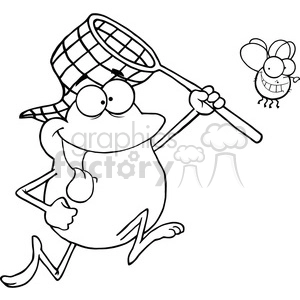 The image is a black and white clipart depicting a comical scene where a frog, standing upright like a human, is posing as a hunter. The frog is wearing a hat, looking determined with oversized eyes, and carrying a net on a stick poised to catch a large smiling fly hovering nearby. The frog has one hand on its hip and its tongue sticking out slightly, adding to the humorous effect.