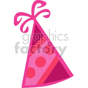 The image depicts a pink and purple party hat with a playful design, featuring a ribbon on the top and polka dots. The hat is a typical accessory used for celebratory events such as New Year's Eve parties.