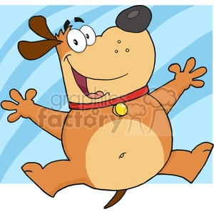 This image is a cartoon depiction of a comically drawn dog. The dog has a big, round body, a smiling face with a tongue sticking out, and is in a playful pose with its paws spread out. It has a red collar with a yellow tag. The background is a series of blue stripes, giving a sense of movement or excitement.