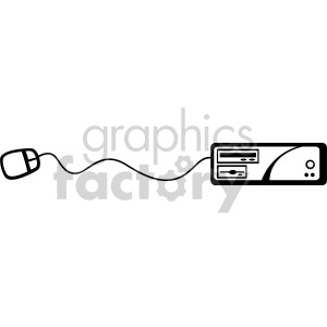 The image is a black and white clipart that features a computer mouse on the left, connected by a wavy cable to a desktop PC tower on the right. The style is simple and schematic, typical for clipart illustrations.
