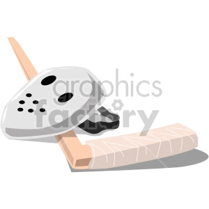The clipart image features a goalie's mask and a hockey stick, likely representing equipment used in the sport of ice hockey. The goalie mask is white with several air holes, and the hockey stick has a beige or tan shaft with a black tape on the blade.