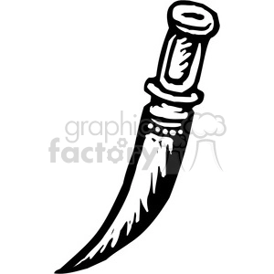 The clipart image depicts a stylized, black and white illustration of a knife or dagger. The knife has a detailed handle with a textured grip and decorative elements on its pommel and guard. The blade appears to be slightly curved with a sharp point and cutting edge, typical of a dagger.