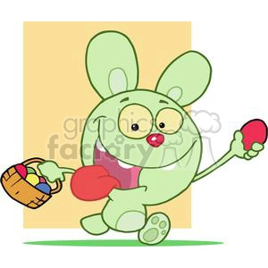 Crazy Green Easter Bunny running with basket of colored eggs and one red egg in hand