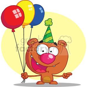 Delighted Bear in party hat with balloons