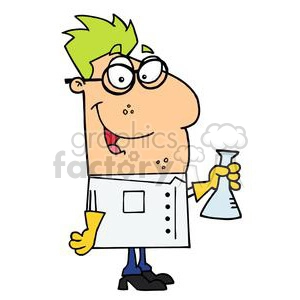 The image is a cartoon of a funny character that appears to be a scientist. The scientist has green hair and is wearing glasses, a white lab coat with a pocket and buttons, a red tie, one yellow glove, and blue pants with black shoes. The character also has a mole on the face and holds a clear Erlenmeyer flask with a yellow substance inside.