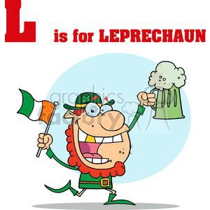 Leprechaun running with a pint of Ale and Irish Flag