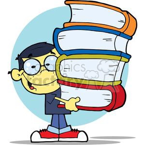 An Asian Boy Carrying Four Different Colored Books In Front of A Blue Circle Background