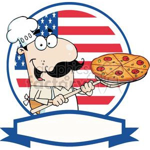 A Pleased Chef Inserting A Pepperoni Pizza Pie In Front of An American Flag With Out Line Banner At the Bottom