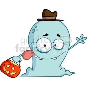This clipart image features a cute and funny cartoon ghost. The ghost is light blue with two big, round eyes and a small, friendly smile. It is wearing a brown hat on its head and seems to have a cartoonish tongue sticking out, holding a jack-o'-lantern candy bucket with its tongue as if it's trick-or-treating. The ghost is semi-transparent, and you can see it has one arm stretched out, with its hand forming a friendly wave.
