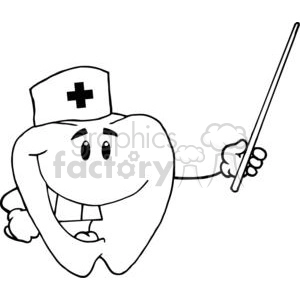 The clipart image depicts a stylized anthropomorphic tooth wearing a nurse’s hat, with a cross sign on the hat indicative of medical care. The tooth has a cheerful expression, eyes, and gloves, and is holding what appears to be a pointer or a thin rod in one hand.