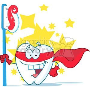 This clipart image features an anthropomorphic molar tooth character portraying a superhero. The tooth has a big smile, eyes, and is wearing a red superhero cape. In one hand, it is holding a toothbrush like a torch or a staff, and the brush head has a red swirl design, possibly symbolizing toothpaste. The background has yellow starburst shapes to emphasize the heroic theme.