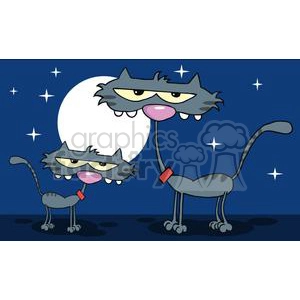 This clipart image features two comical cats with exaggerated features against a nighttime backdrop with a large full moon and stars. The cats are depicted with long, flexible bodies, large eyes partially covered with lids giving them a bored or sleepy expression, and their tongues hanging out. One cat has a collar with a tag.