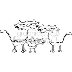The clipart image features three cartoon-style cats standing side by side. Each cat has exaggerated features, such as very long necks and limbs, large heads with a funny facial expression, and striped tails. The cats appear to smirk or frown, adding to the comical aspect of the illustration. The image is black and white, which suggests it could be used for coloring activities.
