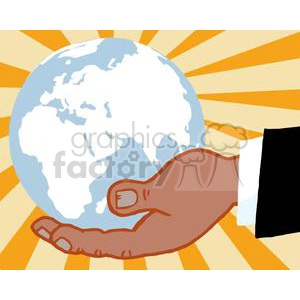 This cartoon-style clipart image features a stylized Earth being gently cradled or held up in the palm of an outstretched hand. The hand appears to be from a person wearing a formal black suit with a white cuff, indicating a professional or business-like appearance. The background is formed by radial lines in alternating shades of yellow and orange, creating a sunburst effect that accentuates the image of the Earth. The playful representation of the Earth in a human hand might suggest themes of environmental care, global responsibility, or the notion that the world is within one's grasp.