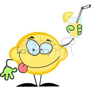 The image shows a cartoon character designed to look like a funny lemon. The lemon character has big round eyes, a smiling mouth with its tongue sticking out, and is holding a glass filled with a lemon drink adorned with a slice of lemon and a straw.