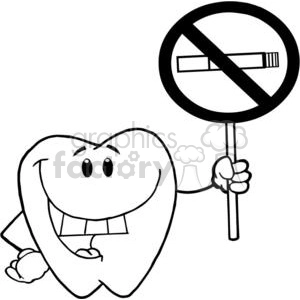 This is a black and white clipart image featuring a stylized, anthropomorphic tooth with a happy expression. The tooth has eyes, a wide smile with two smaller teeth showing, and arms. One of its arms is raised, holding a sign with a no smoking symbol, indicating that smoking is not allowed, which is a message promoting oral health.