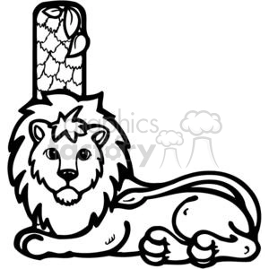 The image depicts a stylized lion lying down with its tail relaxed behind it. Above the lion is a large capital letter L decorated with a pattern that resembles the texture of a tree bark or camouflage. The lion has a friendly and cartoonish appearance with a prominent mane and a playful expression.