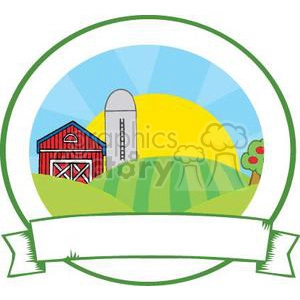 The clipart image shows a stylized farm scene within an oval frame. The scene includes a classic red barn with white trim and a large barn door. Next to the barn is a tall, cylindrical silver silo. Rolling green hills are in the background, with a bright yellow sun rising or setting behind them. A single tree with green foliage and what appears to be red apples is visible on the right side of the frame. Surrounding the oval frame is a green banner with a space for text, suggesting that the image could be used for a holiday greeting, event announcement, or other festive farm-related communication.