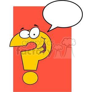 The clipart image features a funny, anthropomorphized question mark character with big white eyes and a wide open mouth, as if it is speaking or asking a question. A blank speech bubble is seen coming from the character, implying that it is waiting for text to be inserted, possibly representing a question to be filled in by the viewer. The background is divided diagonally with two contrasting colors.